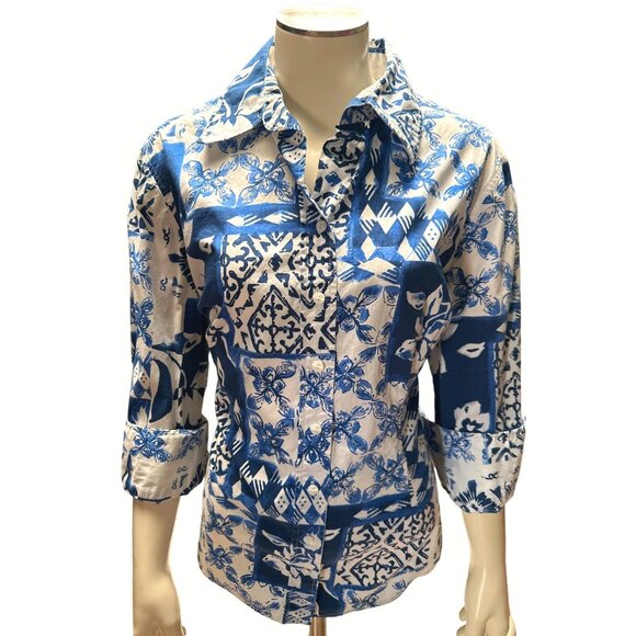 Coldwater Creek Tops - Coldwater Creek Womens L Blue White Floral Button Up Shirt Cotton Spandex Blend